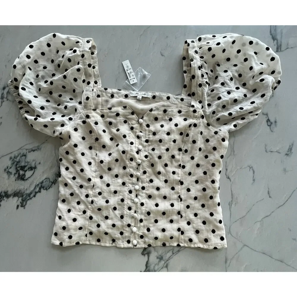 Madewell Polka Dot Embroidered Organza Puff-Sleeve Top